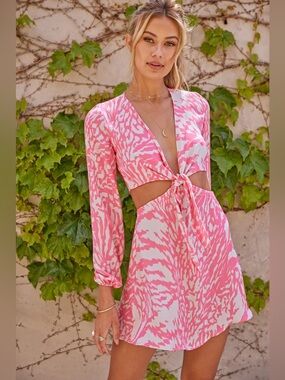 RESA Jojo Mini in Barcelona - Pink and Khaki Tie-Front Cutout Mini Dress